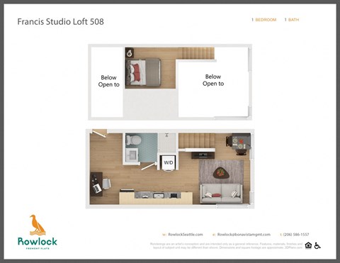 Floor plan for 1 bed, 1 bath, 421 sqft